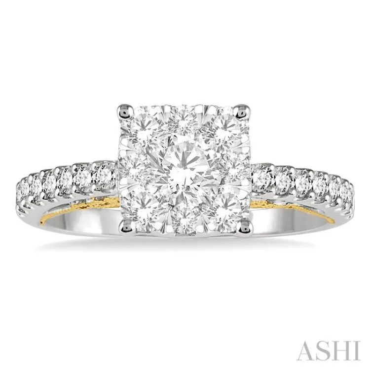 1 1/10 ctw Round Diamond Lovebright Square Shape Engagement Ring in 14K White and Yellow Gold