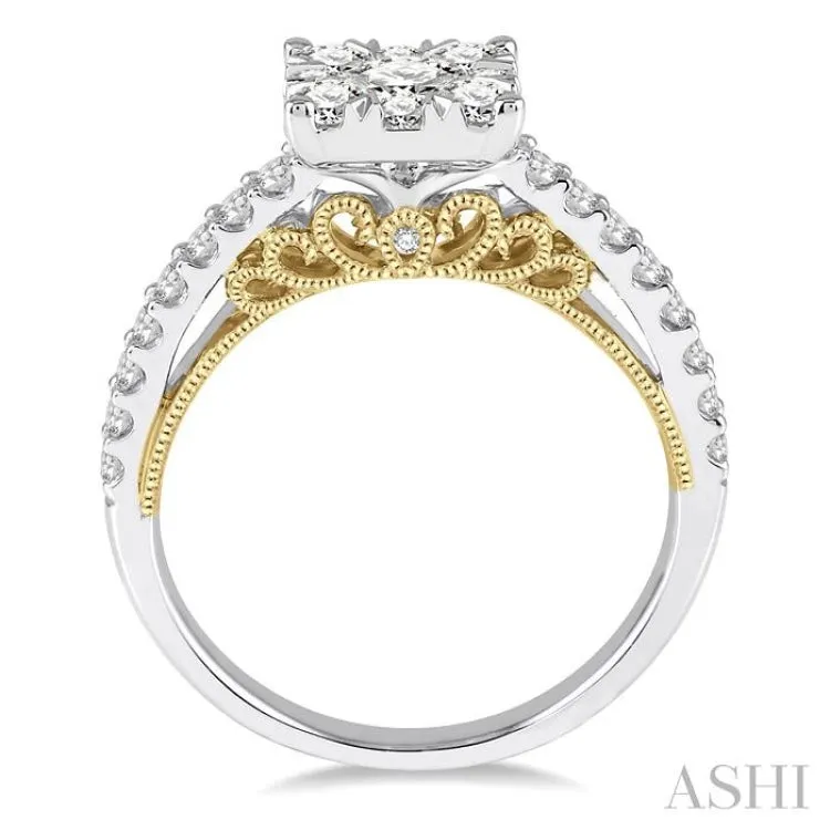 1 1/10 ctw Round Diamond Lovebright Square Shape Engagement Ring in 14K White and Yellow Gold