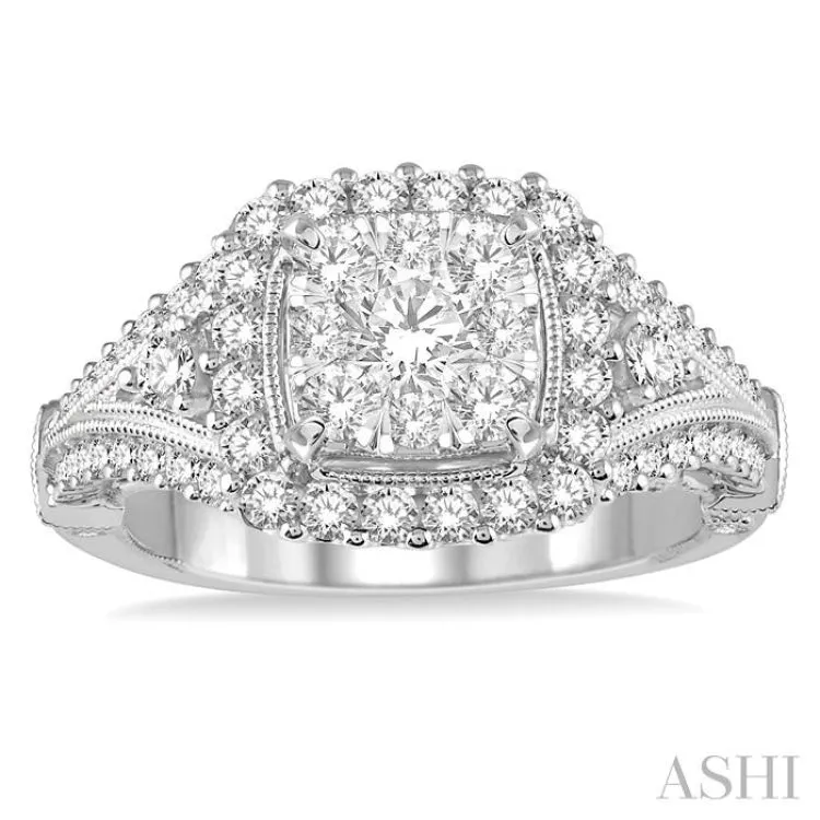 1 1/4 Ctw Round Diamond Lovebright Vintage Style Halo Engagement Ring in 14K White Gold