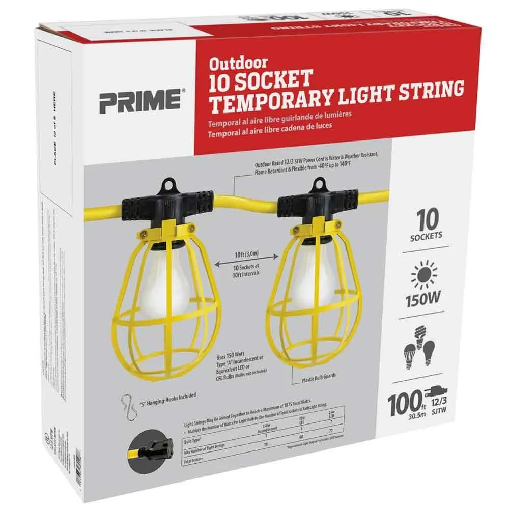 100ft Construction String Light, 125V, 10 Sockets per String, Bulb Not Included