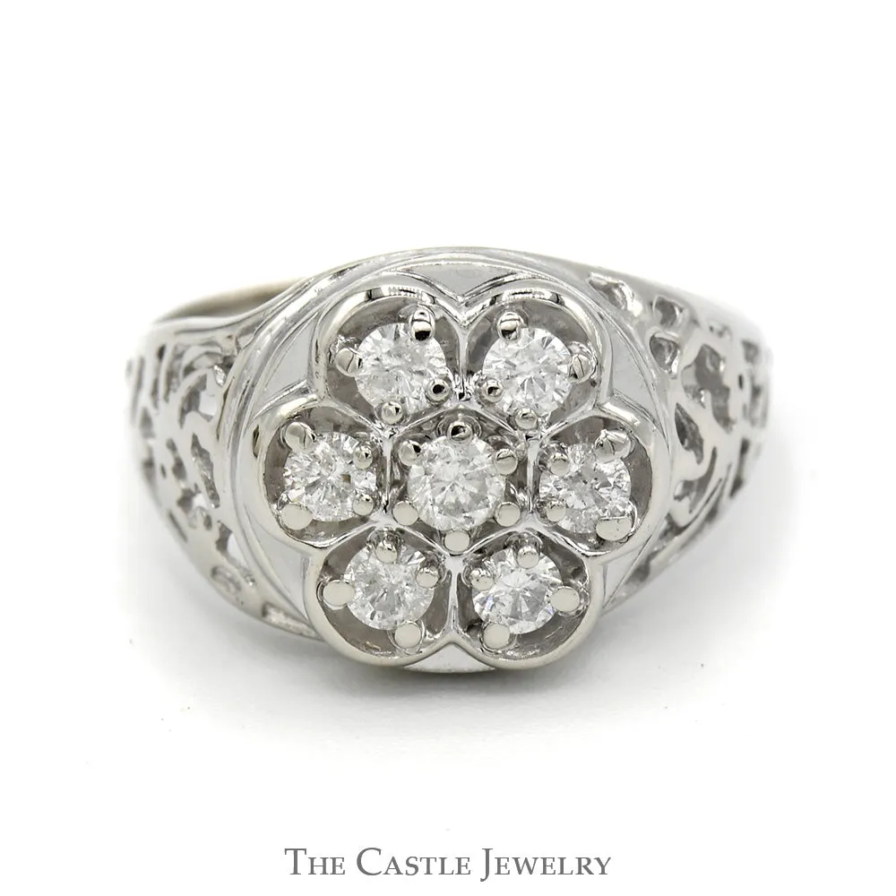 1/2cttw 7 Diamond Kentucky Cluster Ring with Open Filigree Sides in 10k White Gold