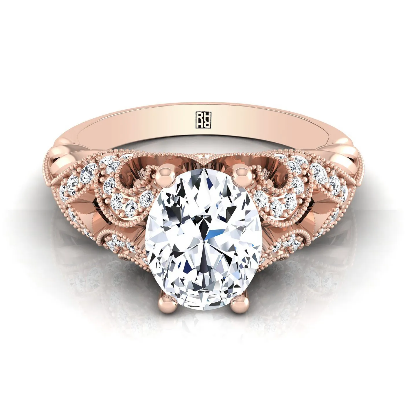 14K Rose Gold Oval Beautiful Open Scroll and Antique Bead Diamond Engagement Ring -1/3ctw