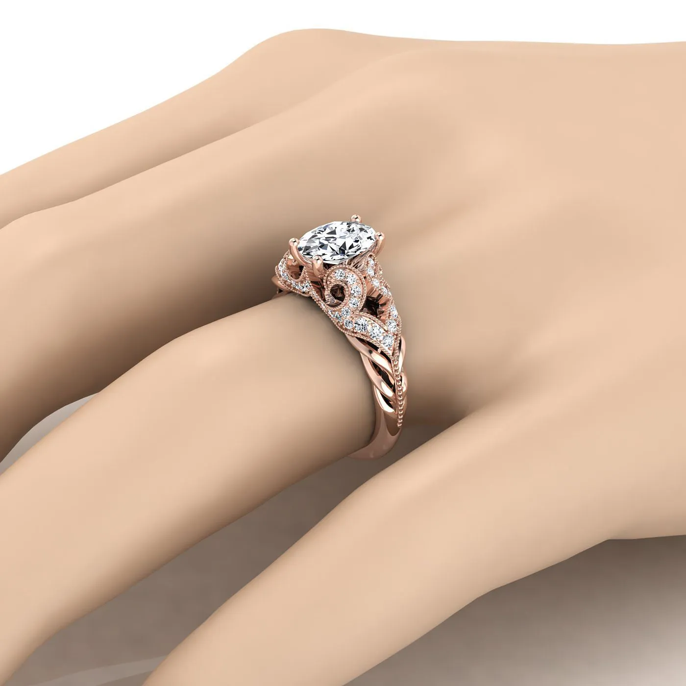 14K Rose Gold Oval Beautiful Open Scroll and Antique Bead Diamond Engagement Ring -1/3ctw