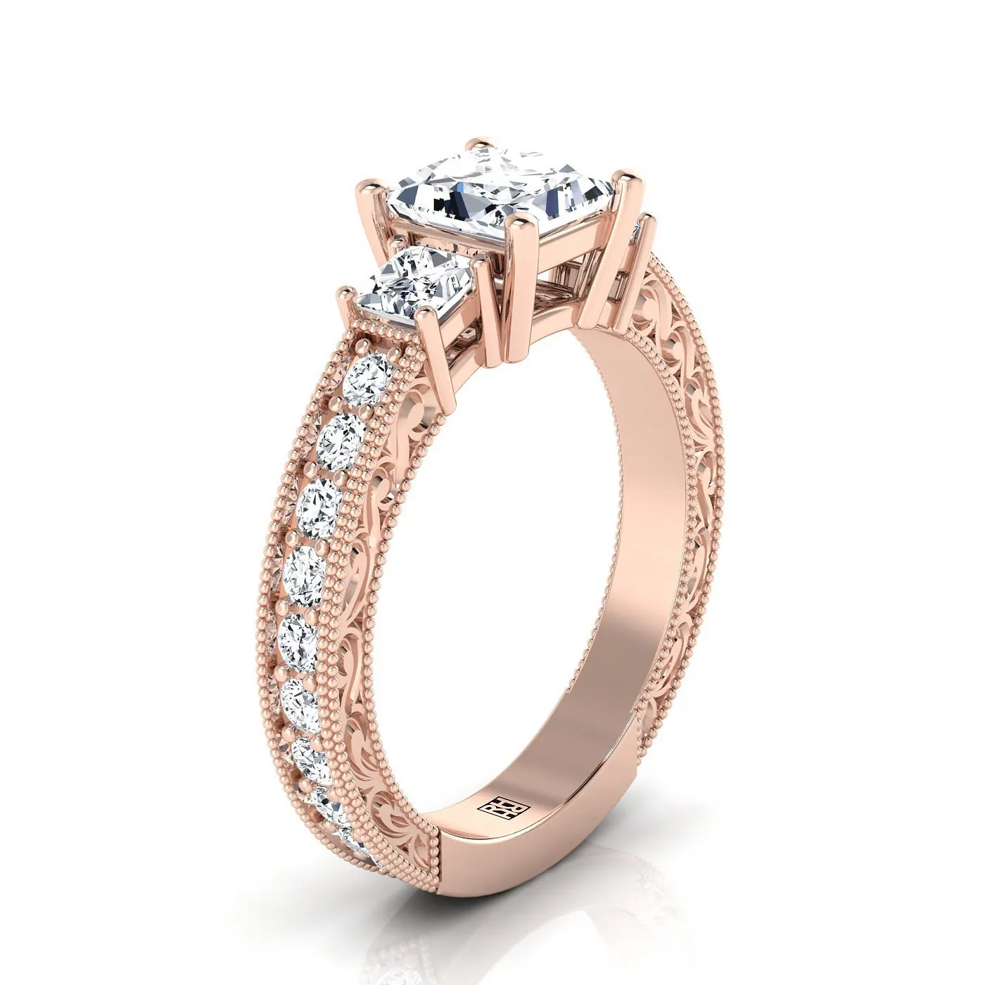 14K Rose Gold Princess Cut Diamond Hand Engraved Three Stone Vintage Channel Engagement Ring -3/4ctw