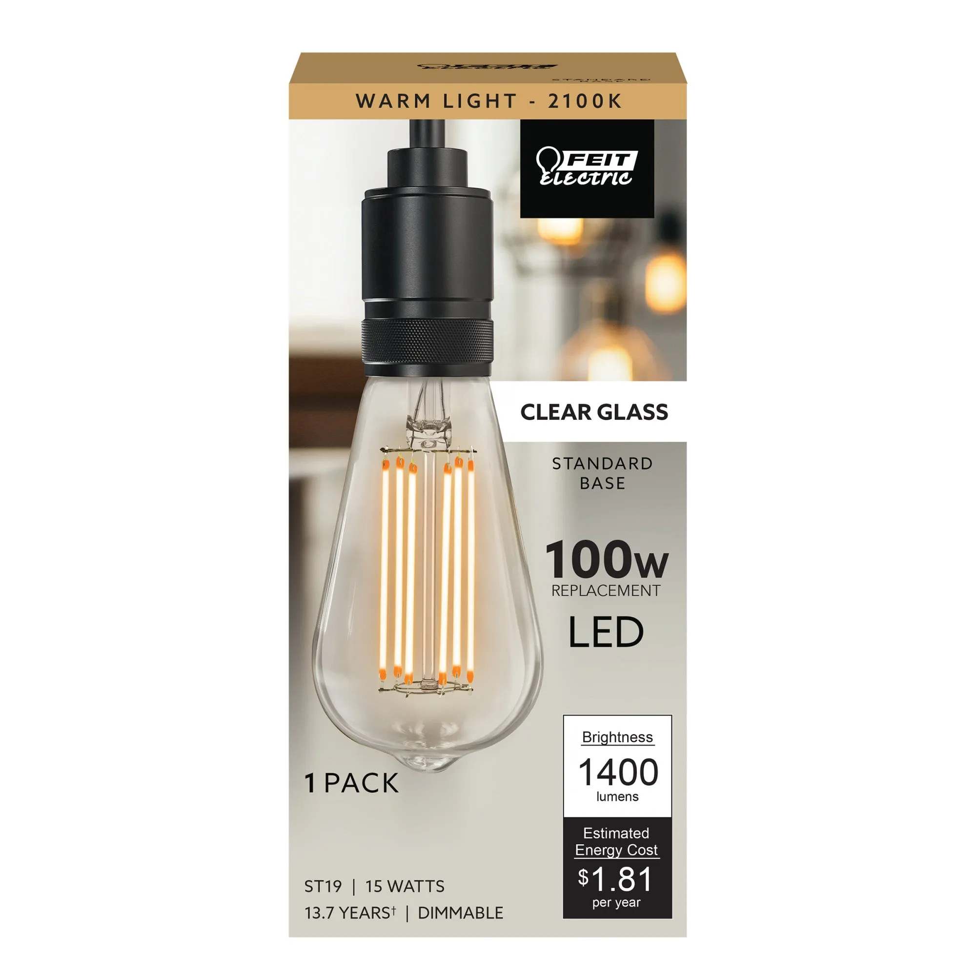 15W (100W Replacement) ST19 E26 Dimmable Straight Filament Clear Glass Vintage Edison LED Light Bulb, Warm Light