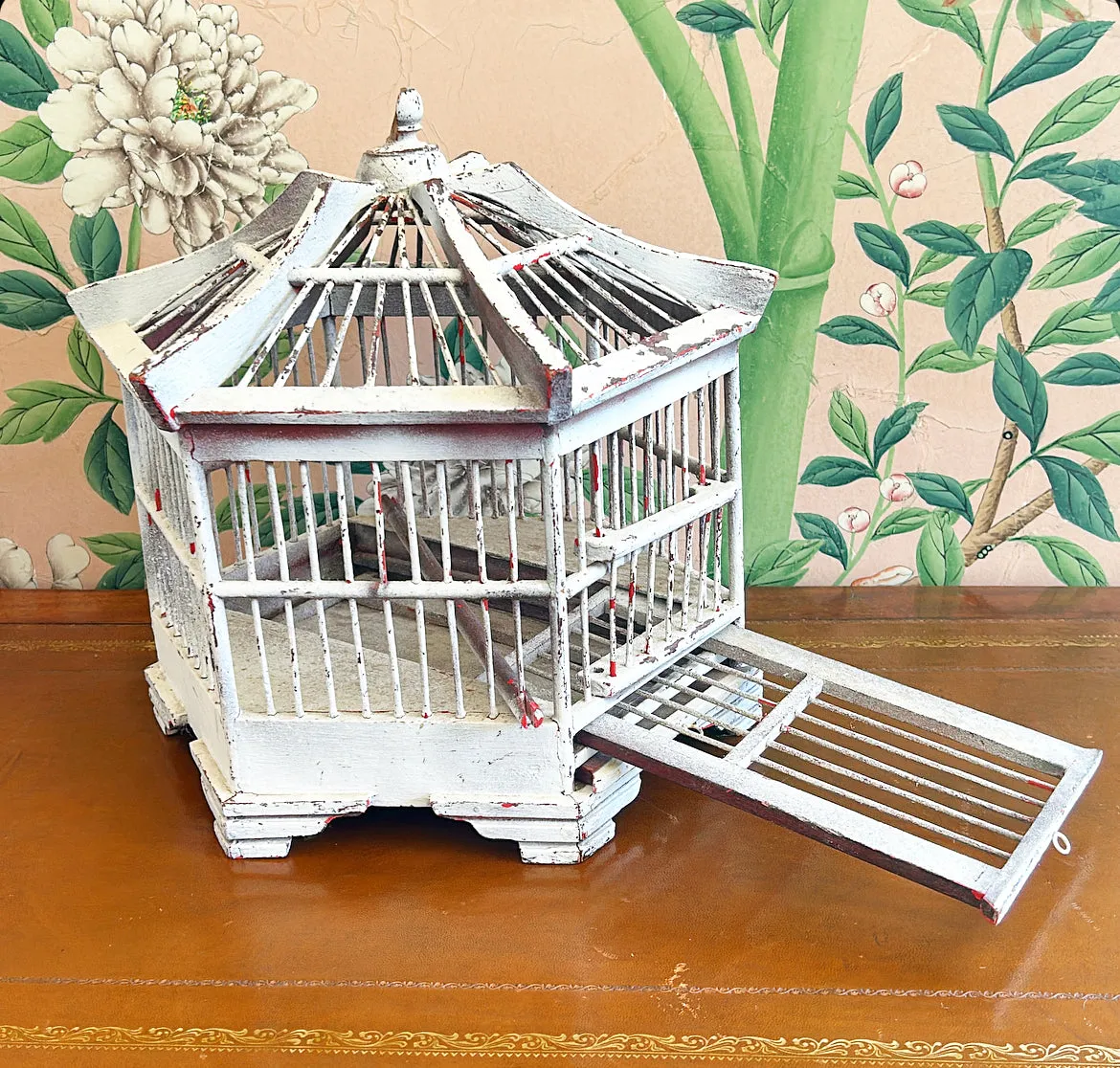 1980s pagoda style / shaped chippy painted white birdcage