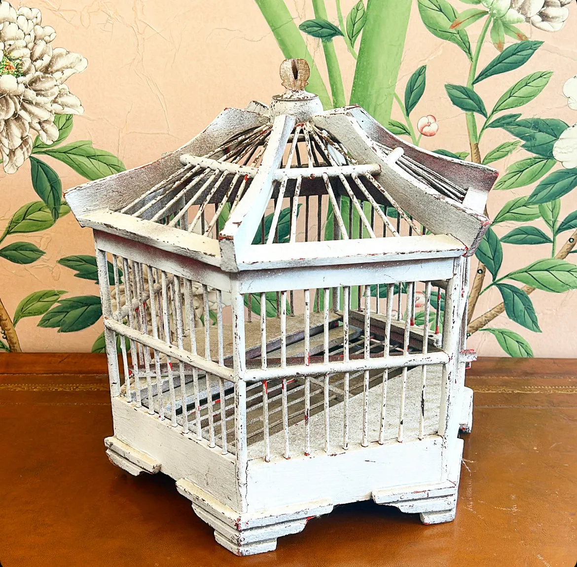 1980s pagoda style / shaped chippy painted white birdcage