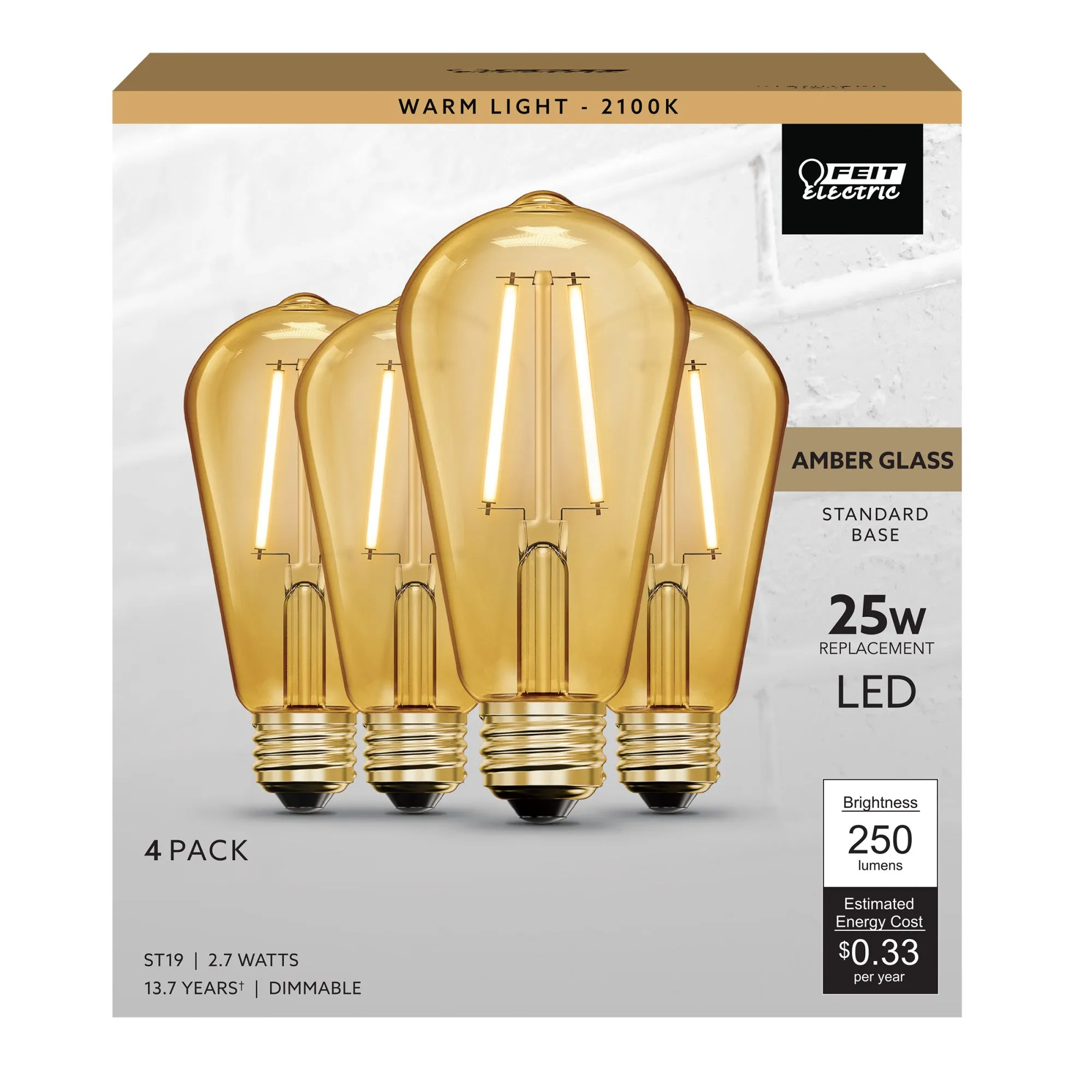 2.7W (25W Replacement) ST19 E26 Amber Glass Vintage Edison LED Light Bulb, Warm Light (4-Pack)