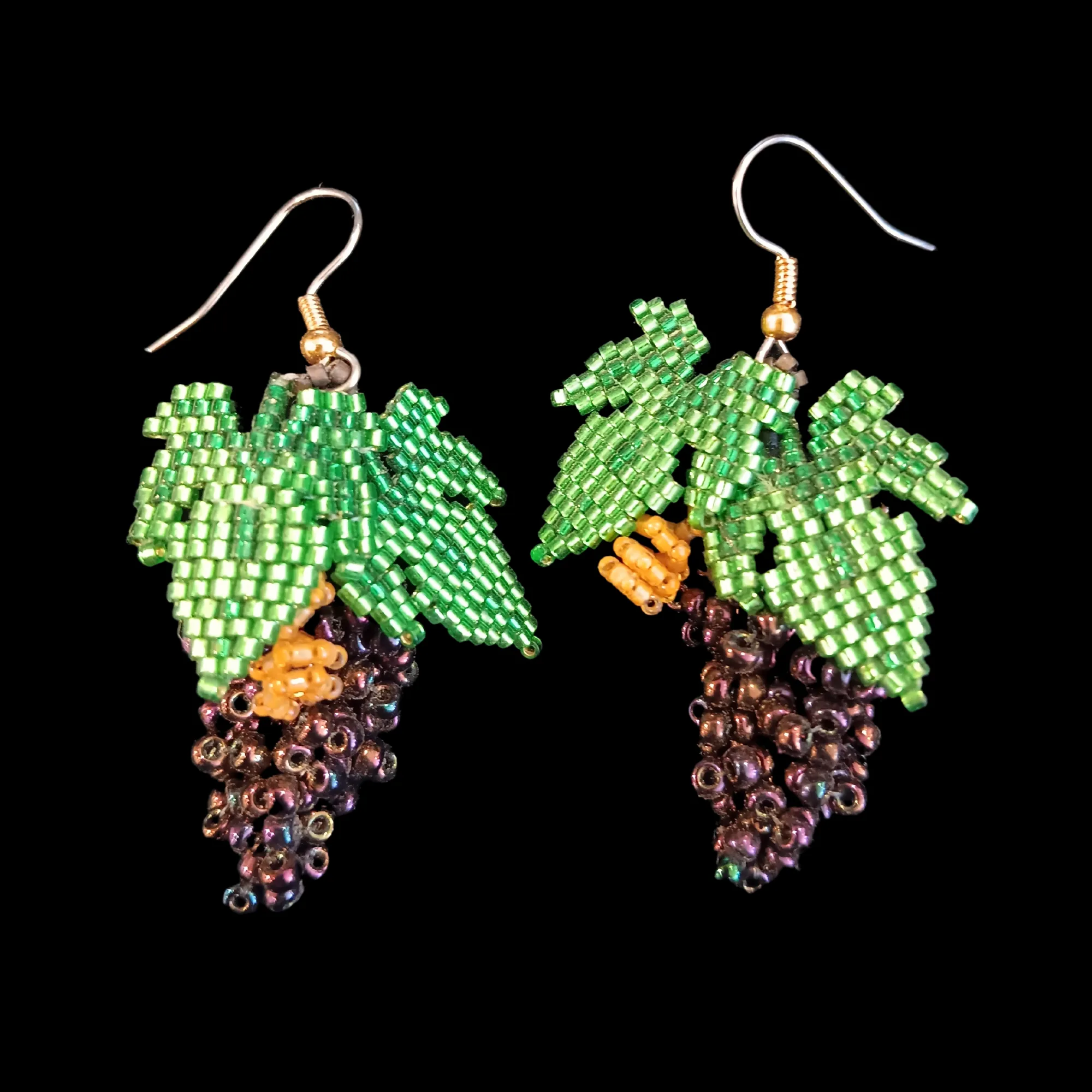 3D Dangling Bunched Grape Hand-Beaded Earrings with Hypo Allergenic Ear-wires