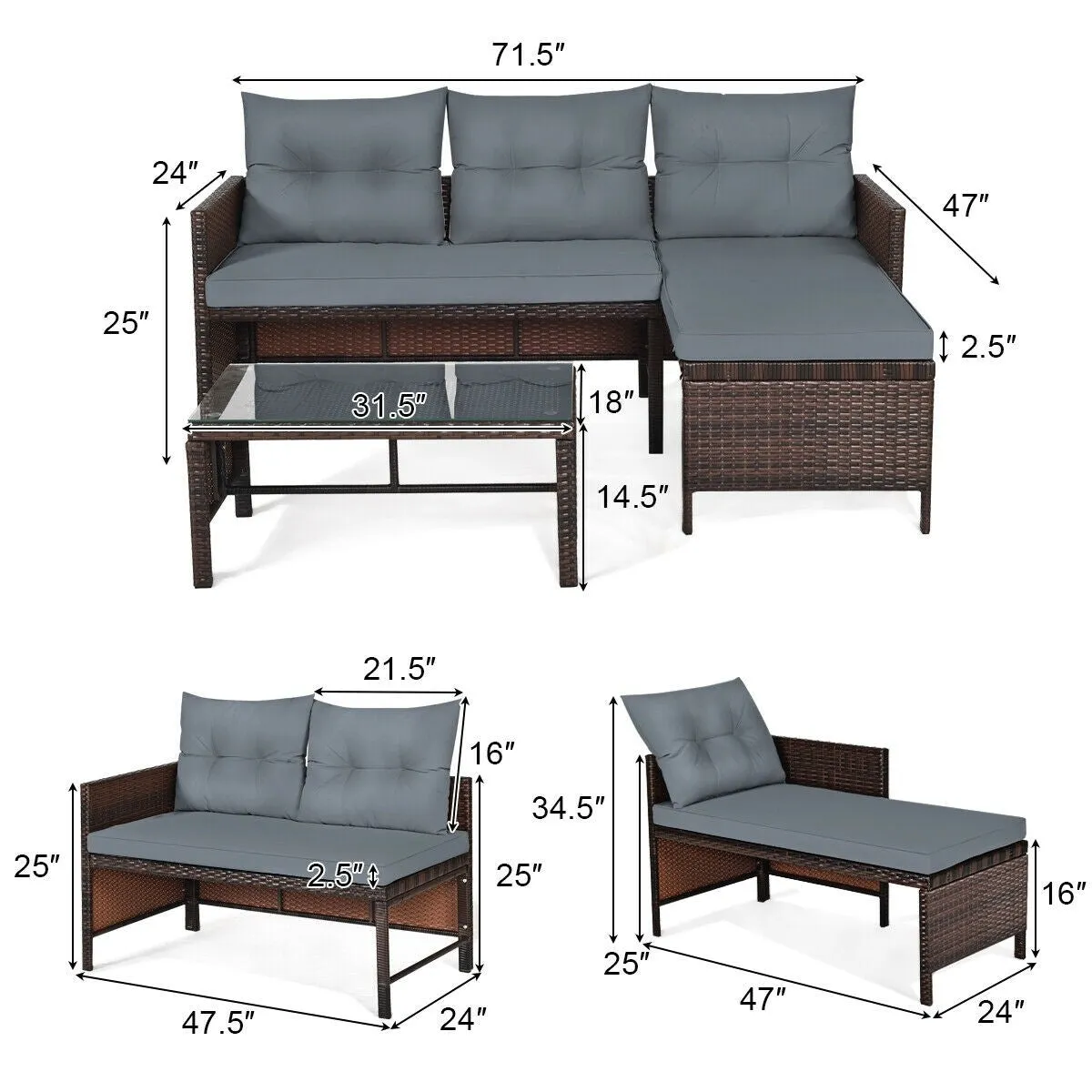 3pc Wicker Rattan Outdoor Patio Sofa Set - Gray