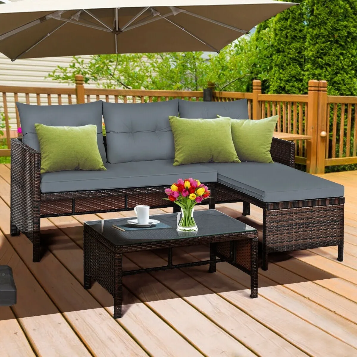 3pc Wicker Rattan Outdoor Patio Sofa Set - Gray