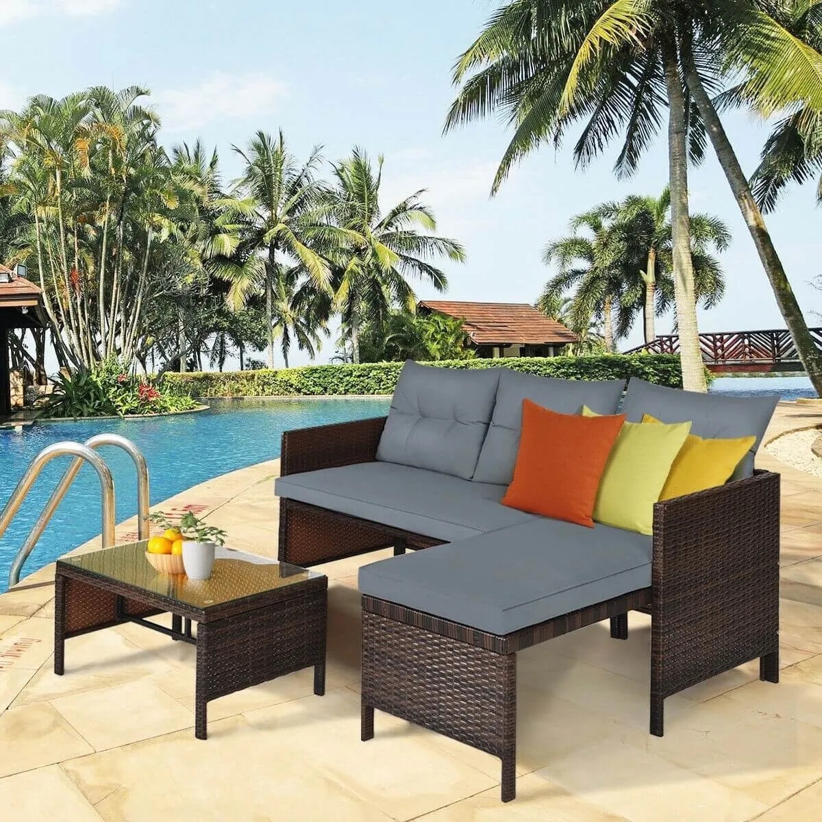 3pc Wicker Rattan Outdoor Patio Sofa Set - Gray