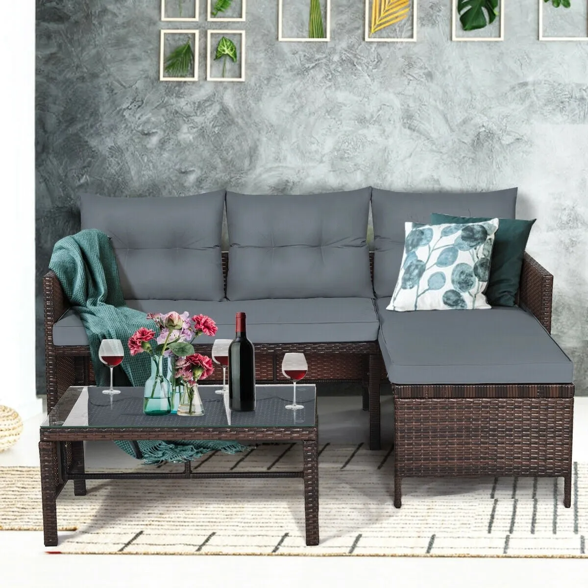 3pc Wicker Rattan Outdoor Patio Sofa Set - Gray