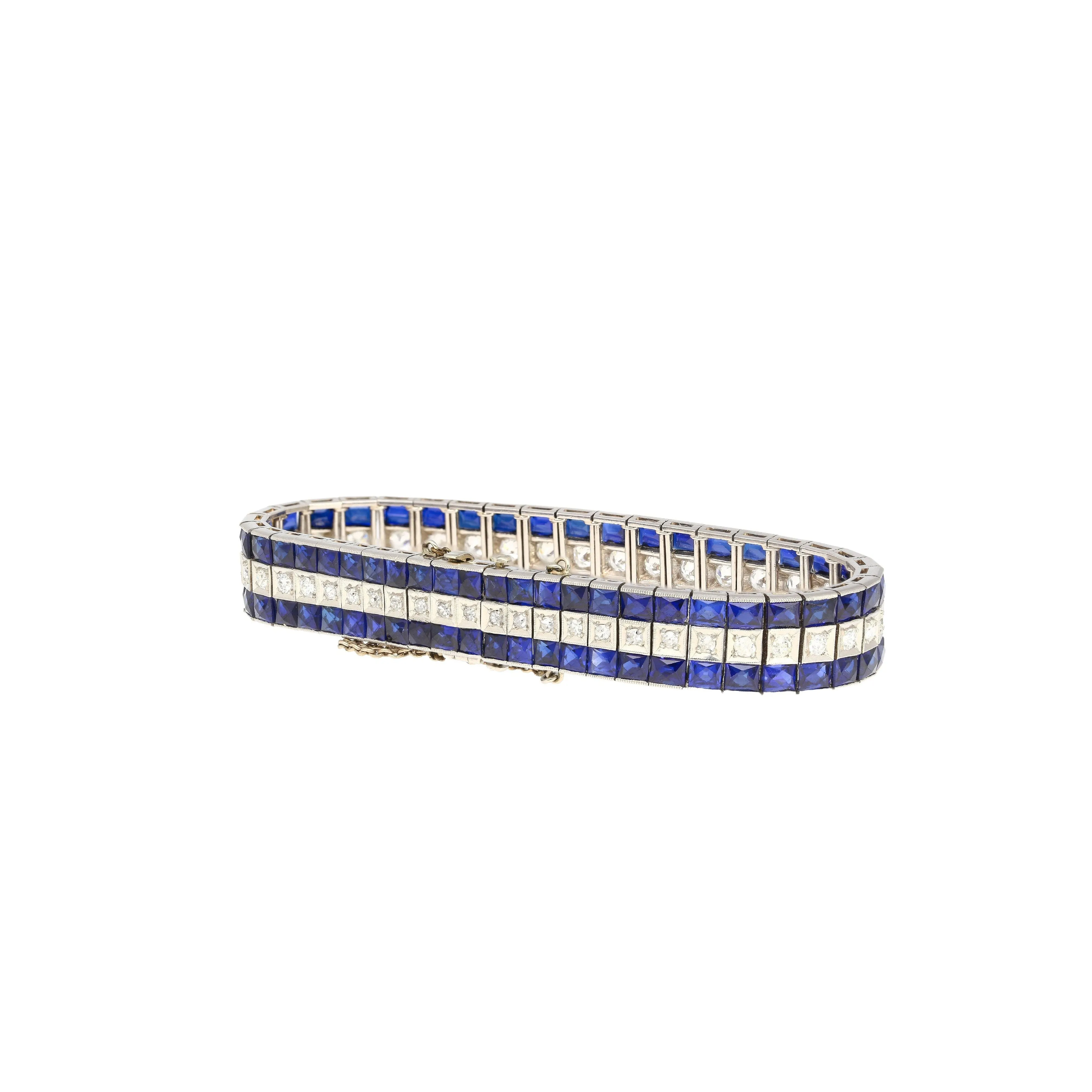 5.50 Carat Vintage Art Deco Platinum Bracelet With Diamonds and Princess-Cut Blue Sapphires