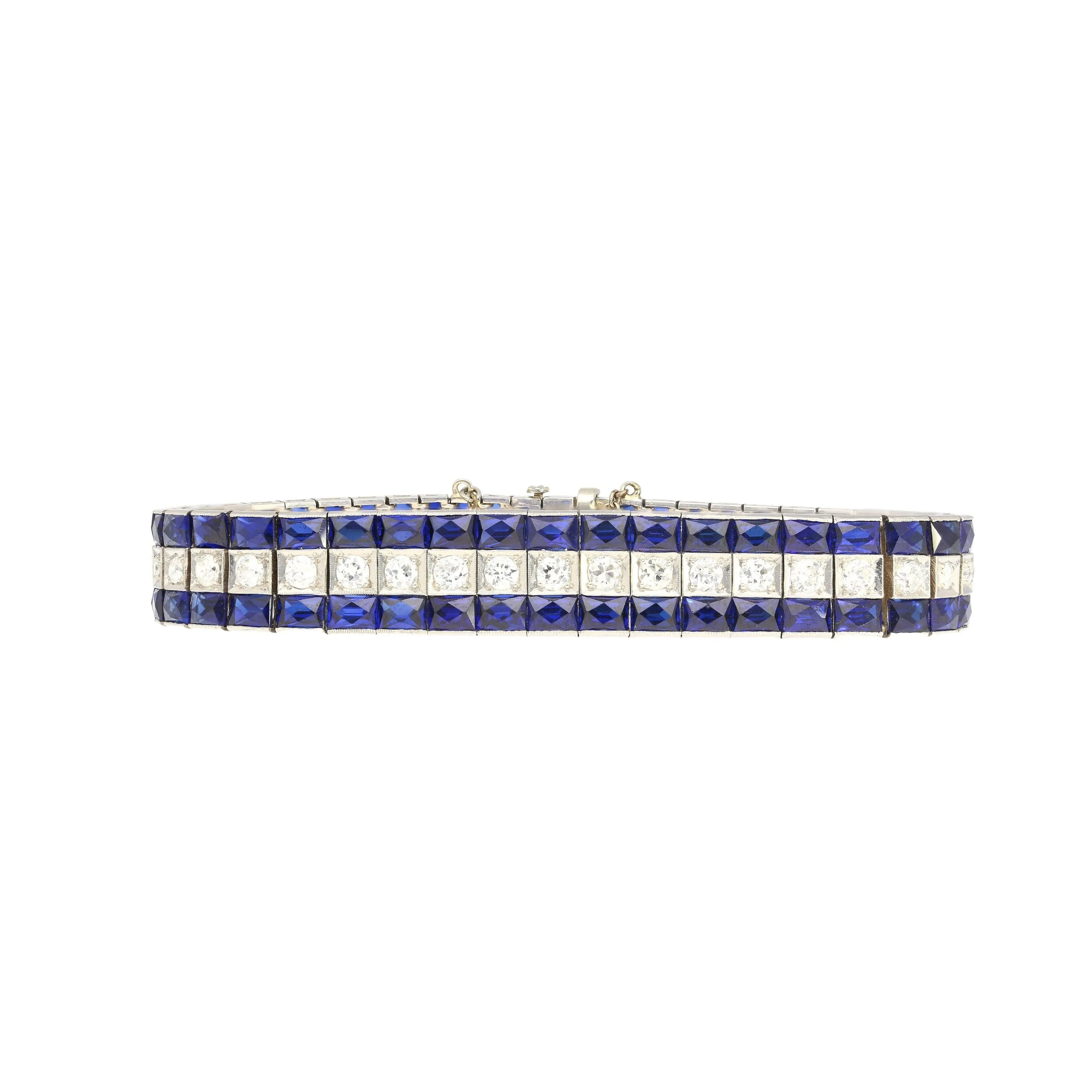 5.50 Carat Vintage Art Deco Platinum Bracelet With Diamonds and Princess-Cut Blue Sapphires