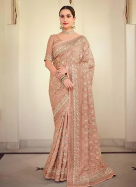 Adorable Peach Color Georgette Fabric Resham And Gota Work Saree