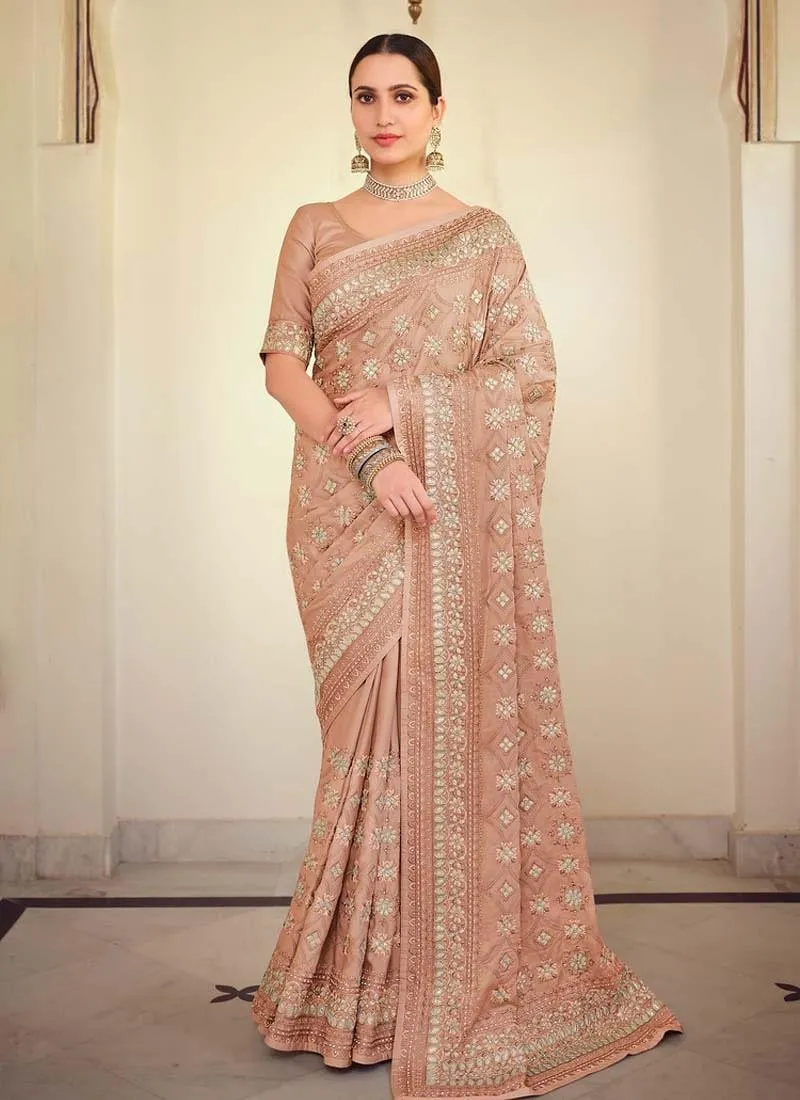 Adorable Peach Color Georgette Fabric Resham And Gota Work Saree