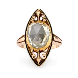 Antique 4 Carat Rose Cut Diamond 18K Yellow Gold Enamel Cocktail Ring