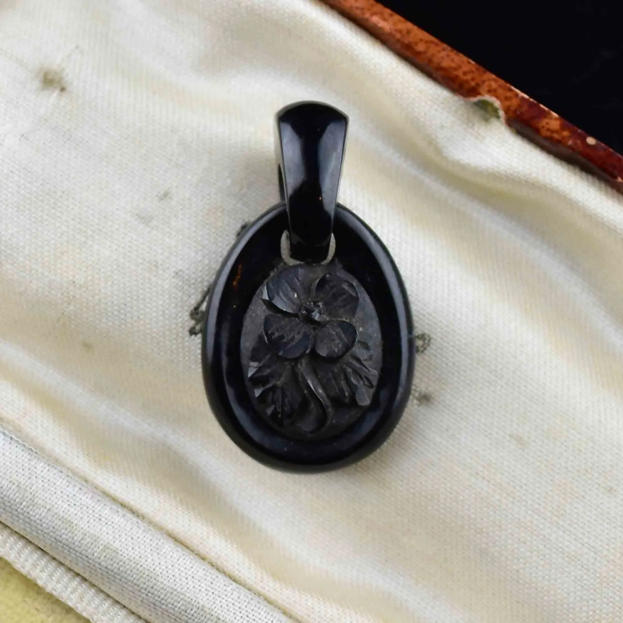 Antique Victorian Carved Whitby Jet Forget Me Not Pendant Necklace