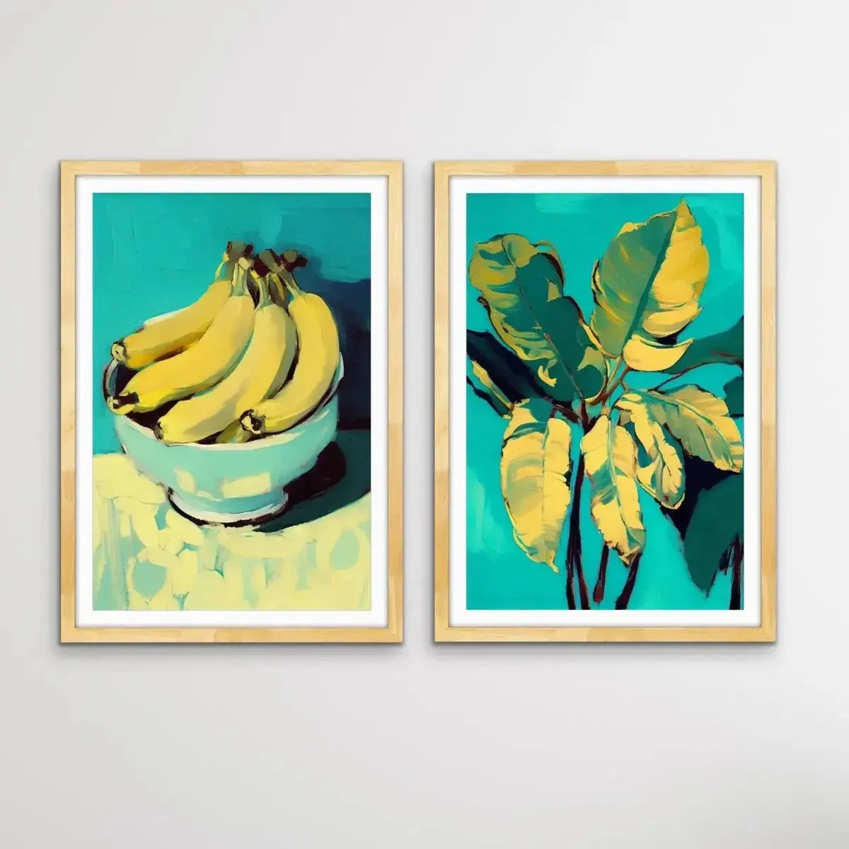 Banana and Banana Leafs - Two Piece Yellow and Turquoise Painted Print Set by Treechild