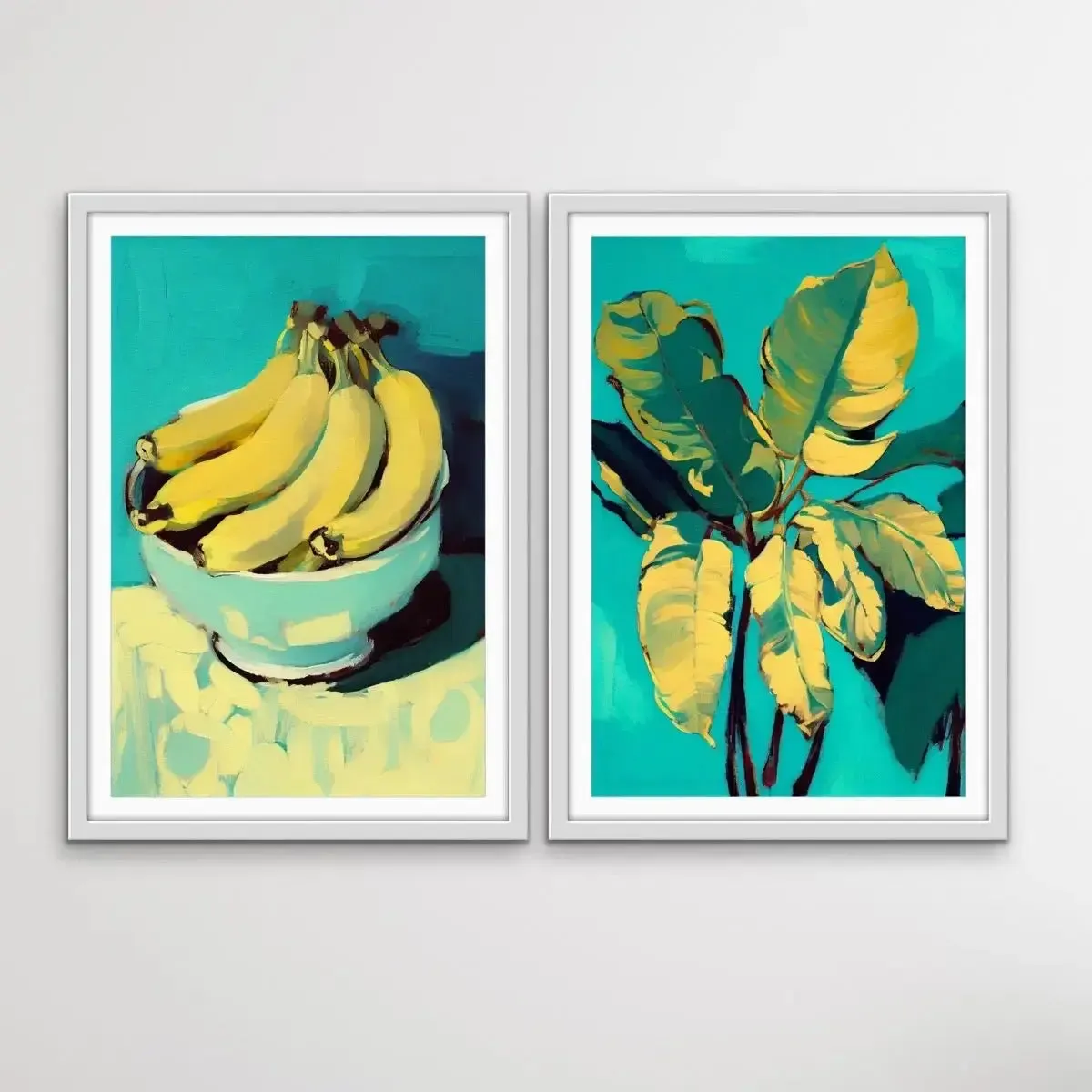 Banana and Banana Leafs - Two Piece Yellow and Turquoise Painted Print Set by Treechild