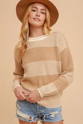 Beige Crew Neck Oversized Two-Tone Stripe Sweater