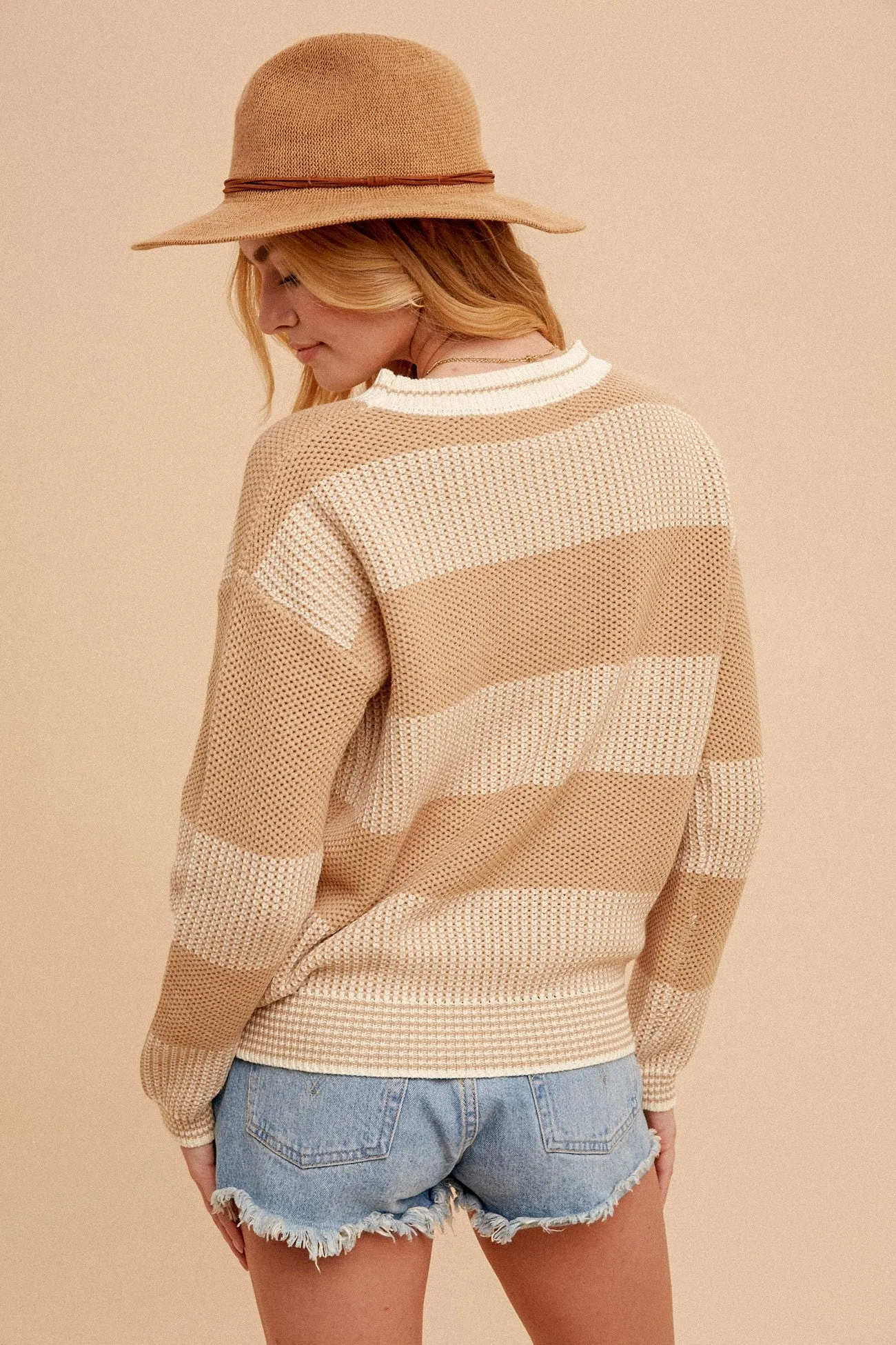 Beige Crew Neck Oversized Two-Tone Stripe Sweater