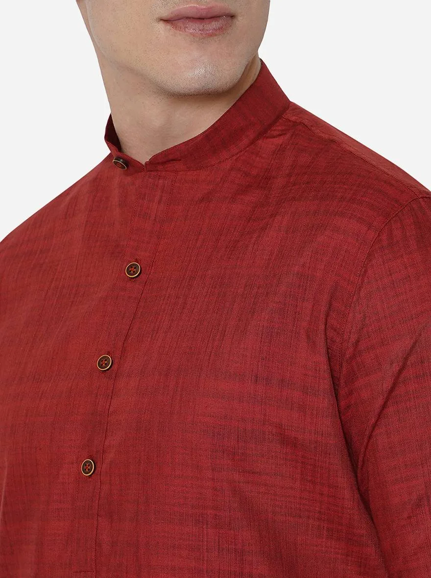 Berry Red Self Textured Regular Fit Modi Kurta | JadeBlue