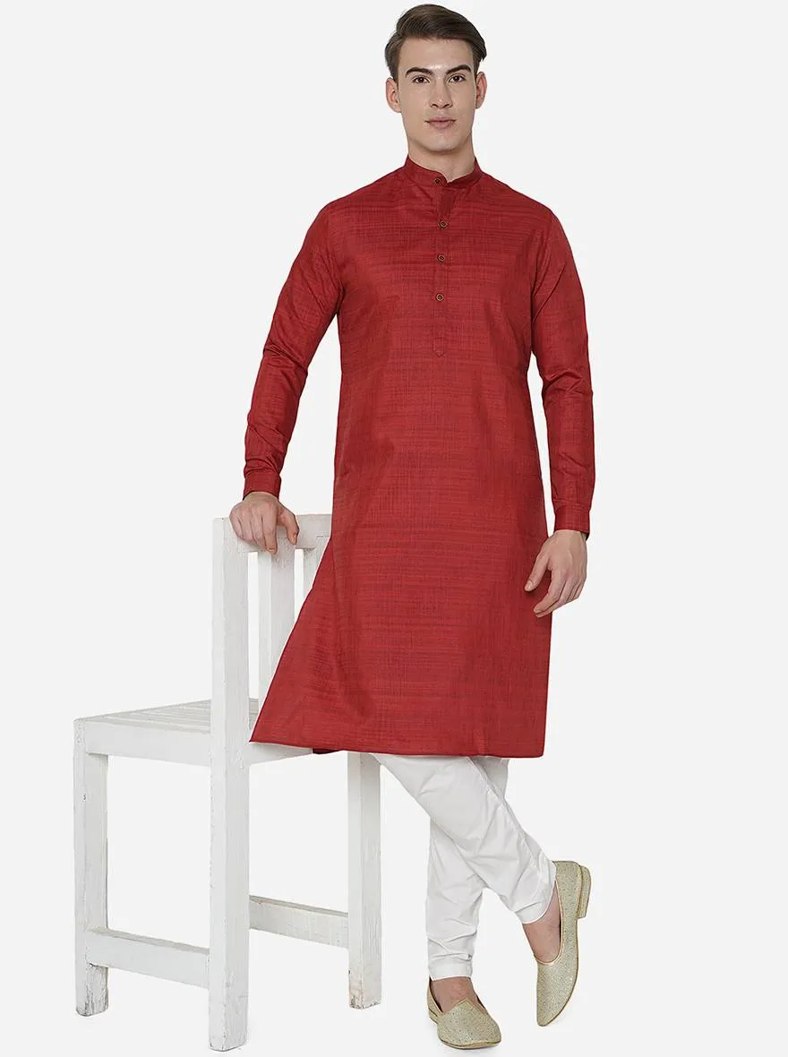 Berry Red Self Textured Regular Fit Modi Kurta | JadeBlue