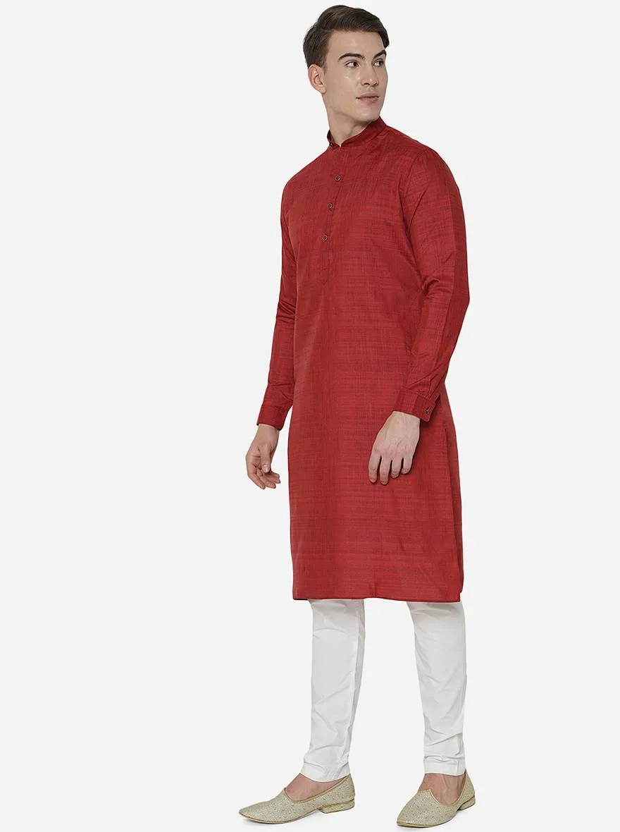 Berry Red Self Textured Regular Fit Modi Kurta | JadeBlue