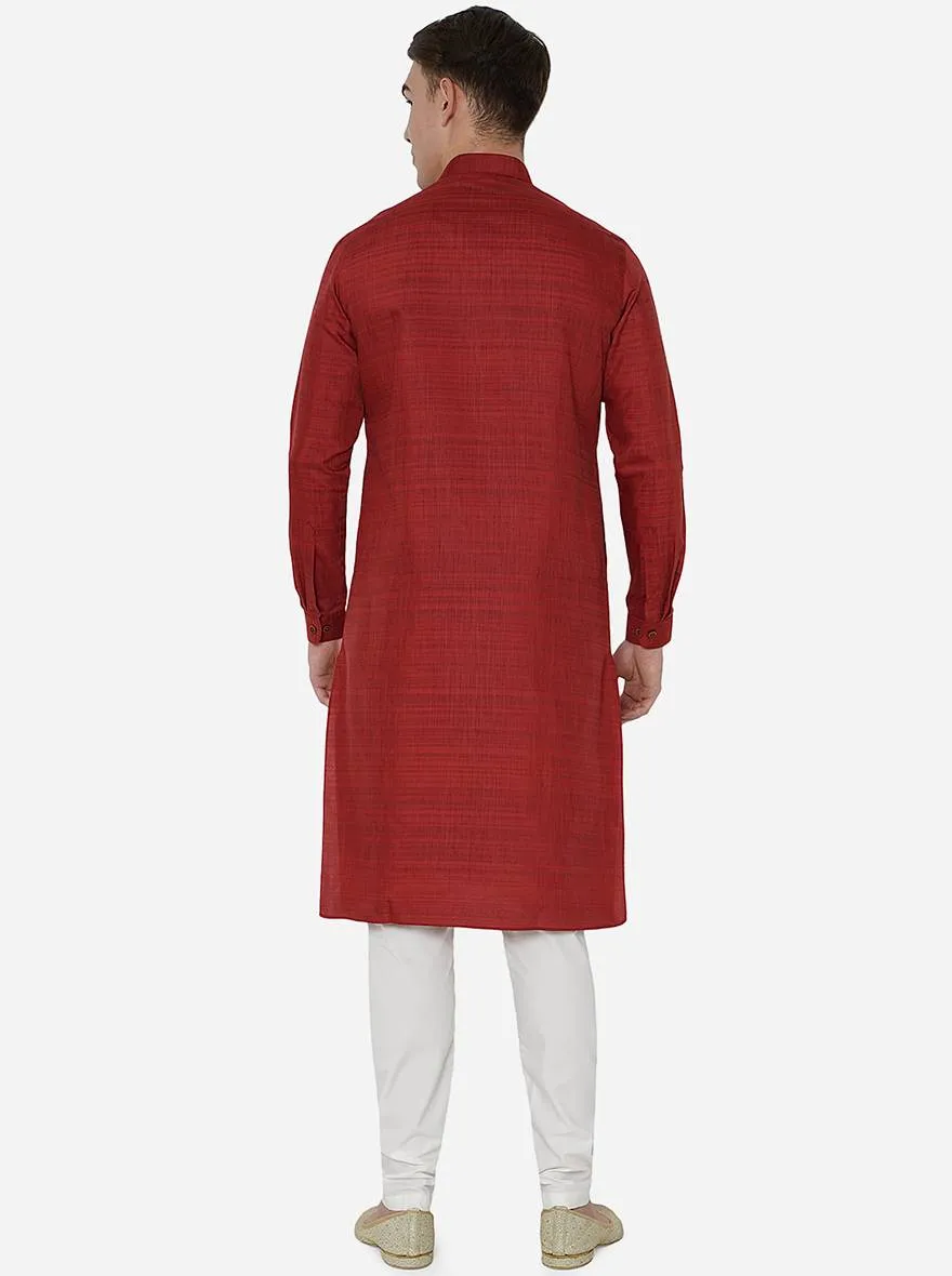 Berry Red Self Textured Regular Fit Modi Kurta | JadeBlue