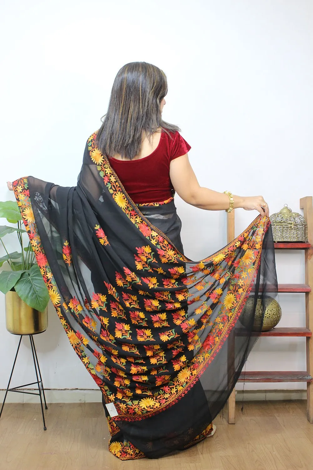 Black Embroidered Kashmiri Aari Work Georgette Saree