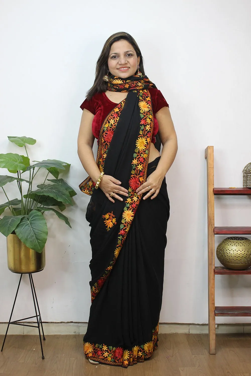 Black Embroidered Kashmiri Aari Work Georgette Saree