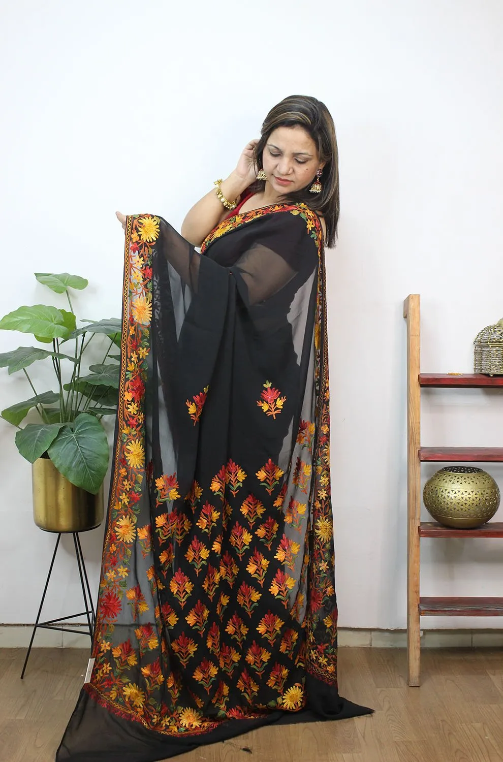 Black Embroidered Kashmiri Aari Work Georgette Saree