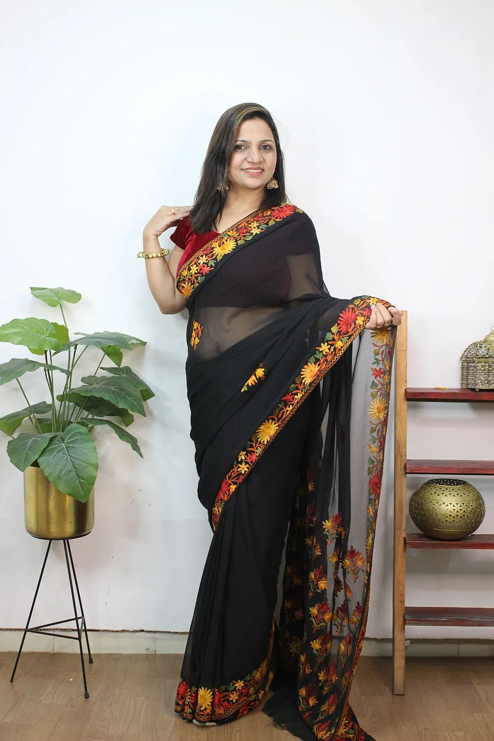 Black Embroidered Kashmiri Aari Work Georgette Saree