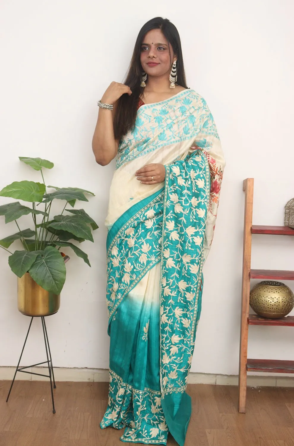 Blue And White Embroidered Kashmiri Aari Work Tussar Silk Saree