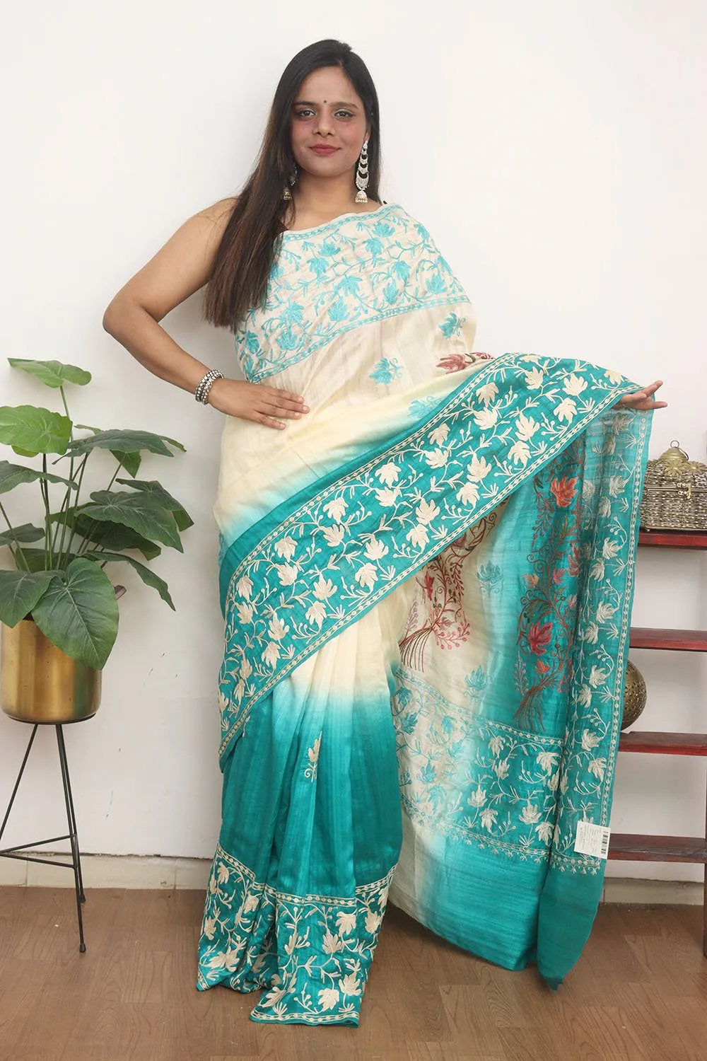 Blue And White Embroidered Kashmiri Aari Work Tussar Silk Saree