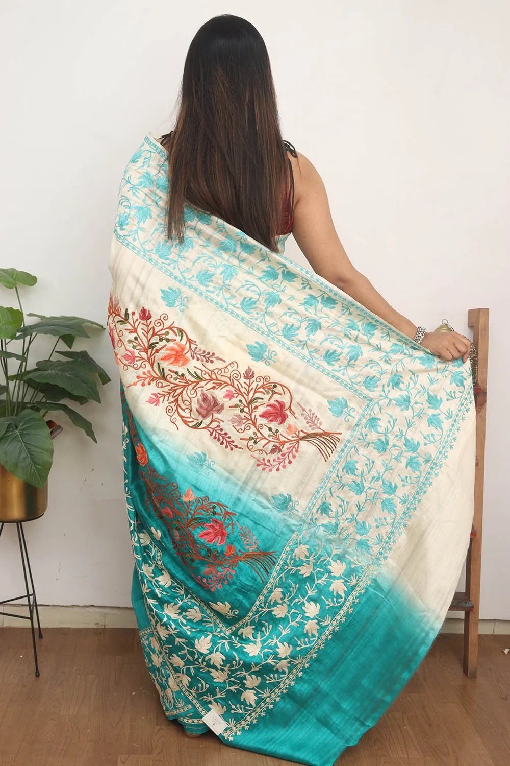 Blue And White Embroidered Kashmiri Aari Work Tussar Silk Saree