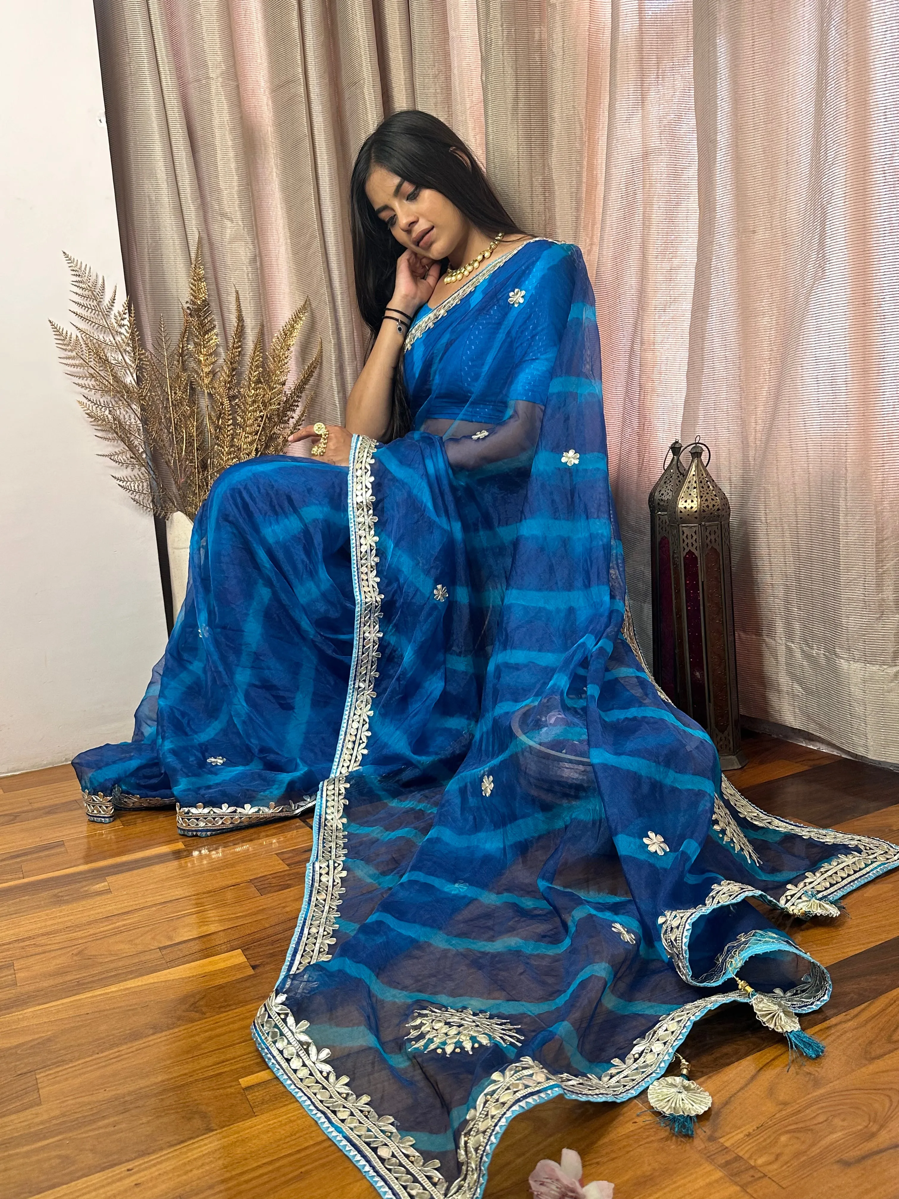 Blue Organza leheriya Saree