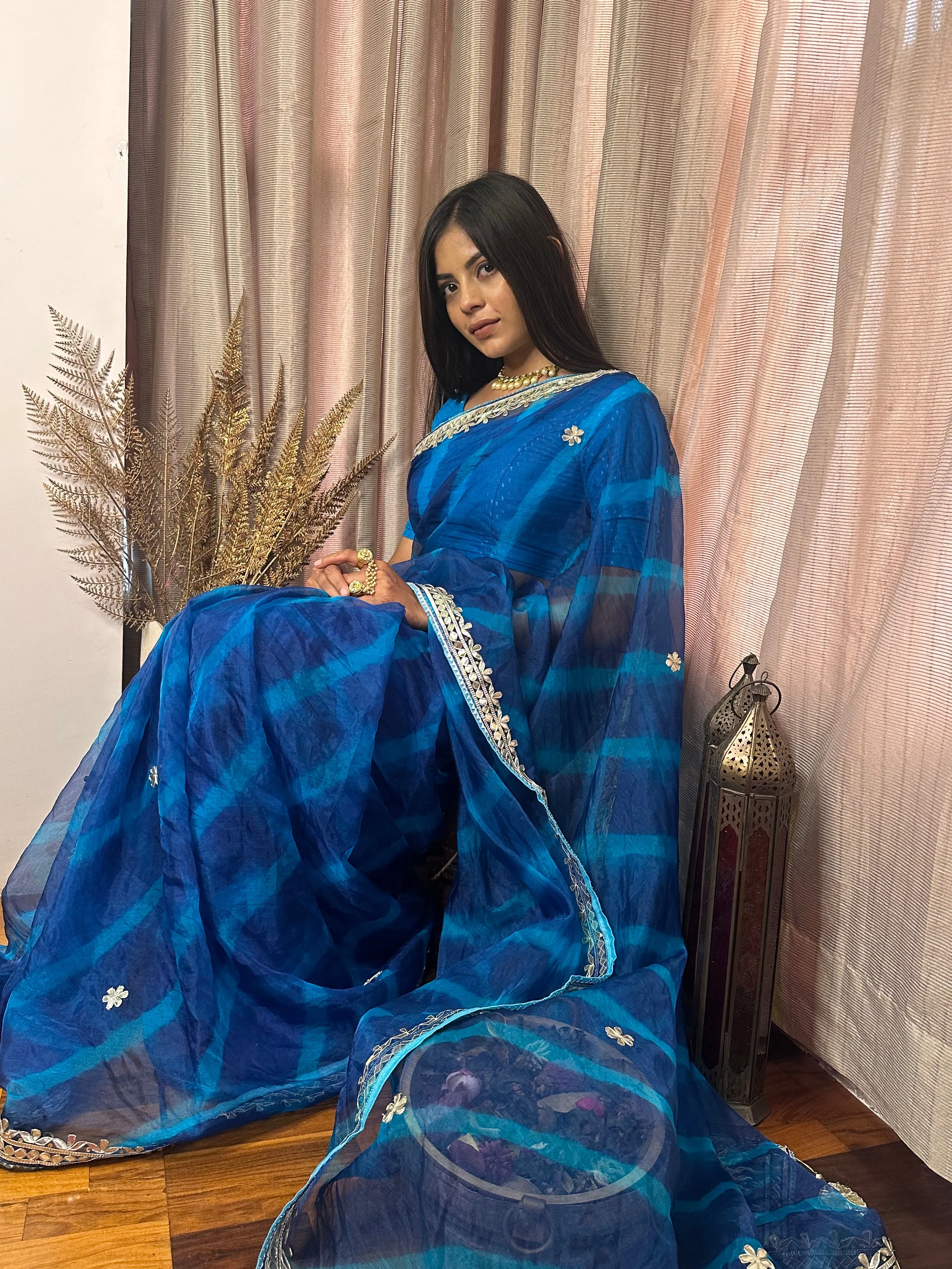 Blue Organza leheriya Saree