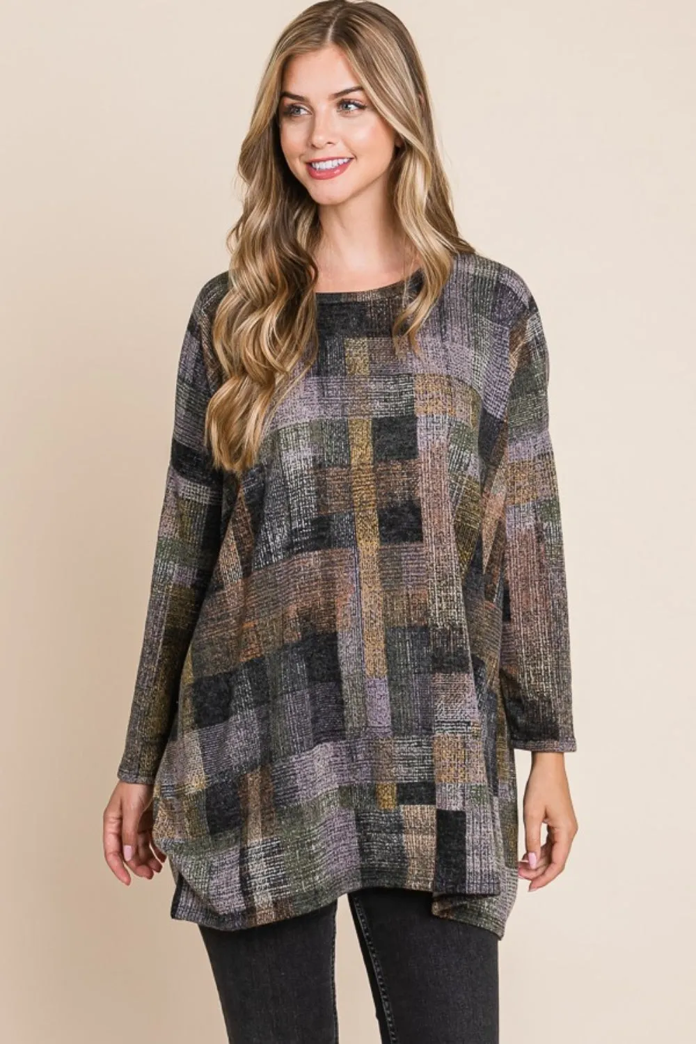 BOMBOM Plaid Round Neck Long Sleeve Top