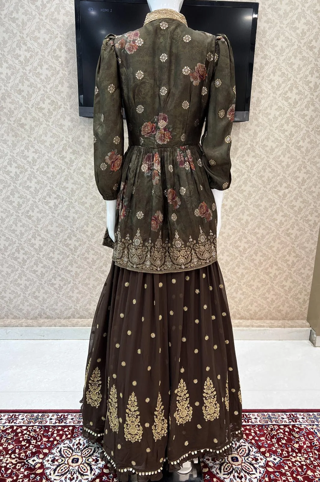 Brown with Green Beads, Stone and Banaras Butta work Peplum Style Lehenga