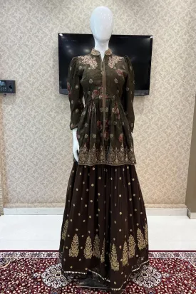 Brown with Green Beads, Stone and Banaras Butta work Peplum Style Lehenga