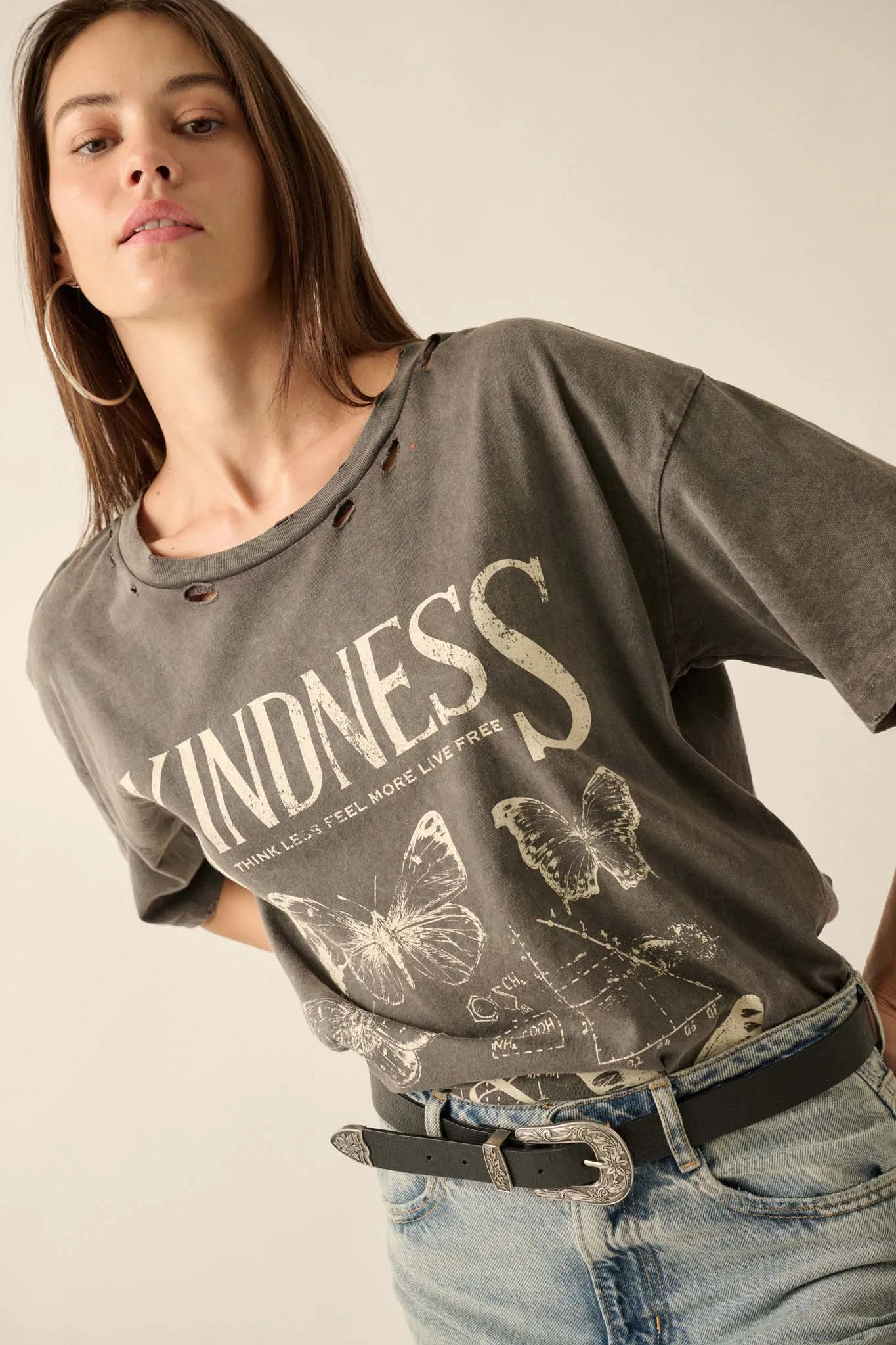 Butterfly Kindness Distressed Oversize Graphic Tee