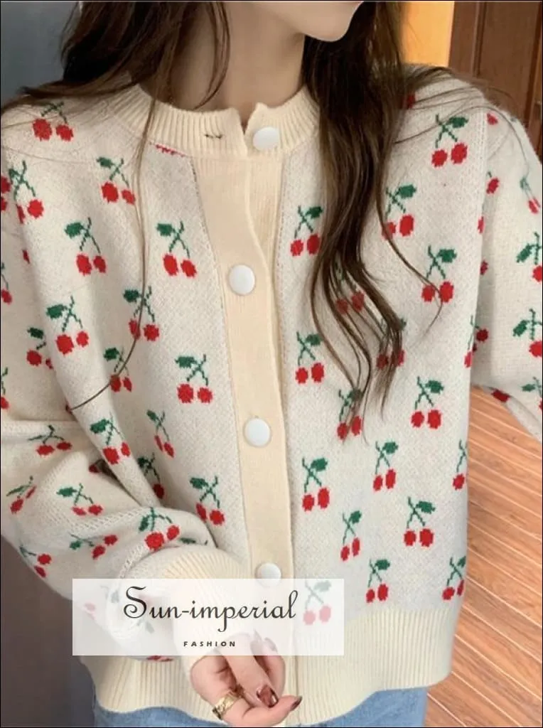 Cream Vintage Button through Cardigan Hand Crochet Cherry Print Knit top