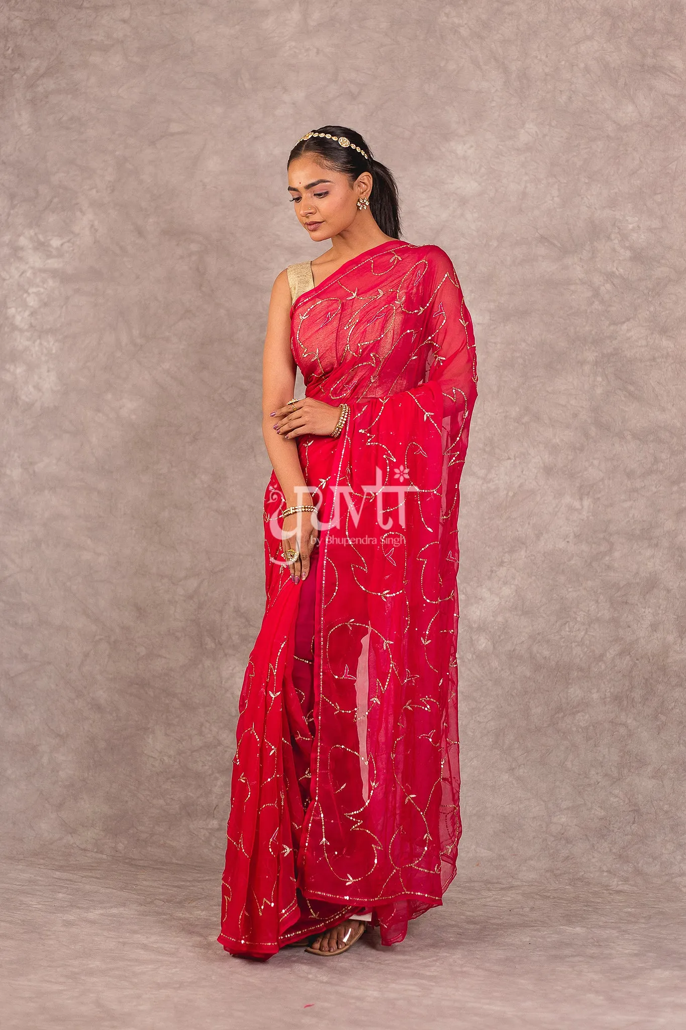 Dark pink Viscose Chiffon Aari sequins work Saree