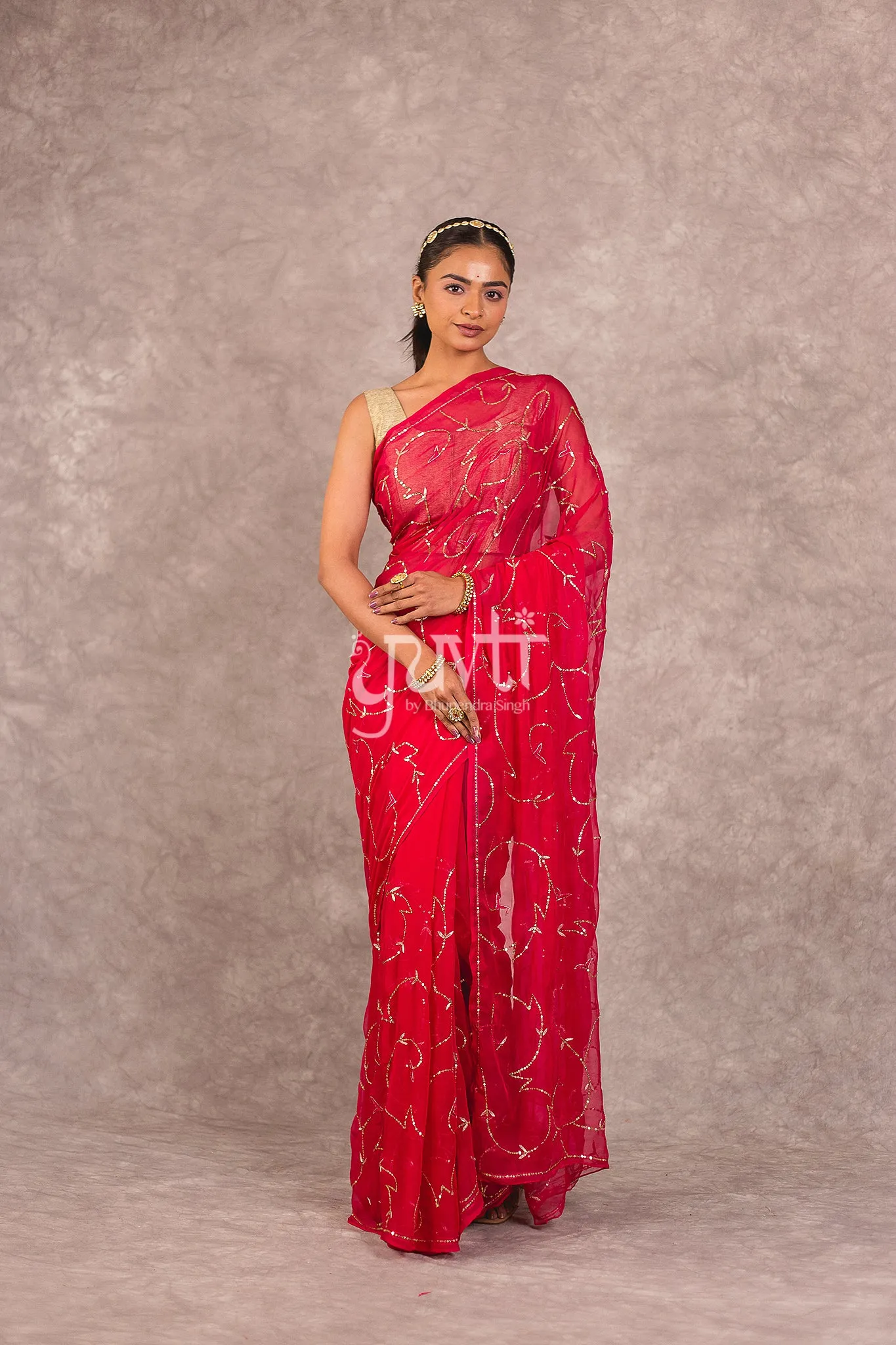 Dark pink Viscose Chiffon Aari sequins work Saree