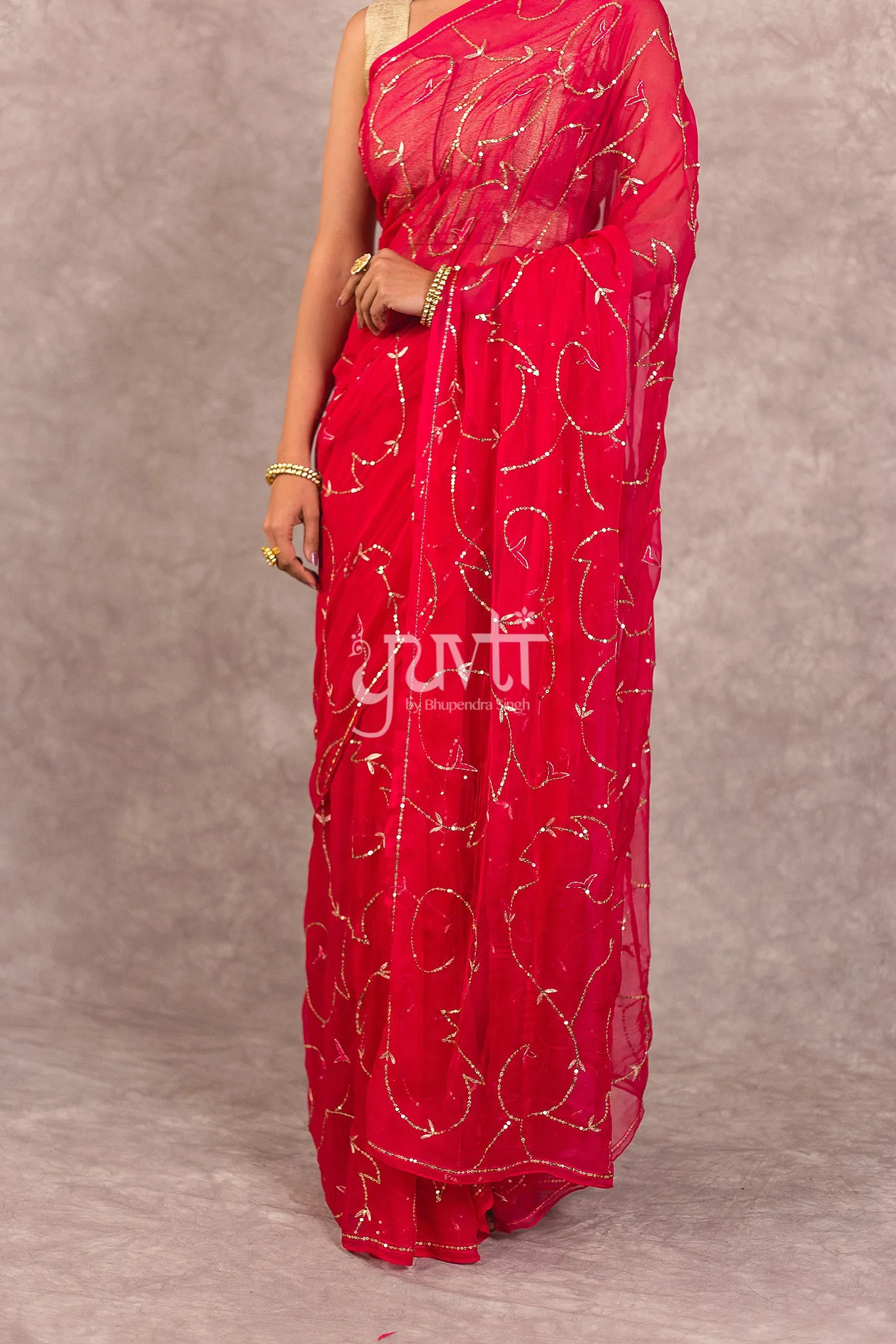 Dark pink Viscose Chiffon Aari sequins work Saree