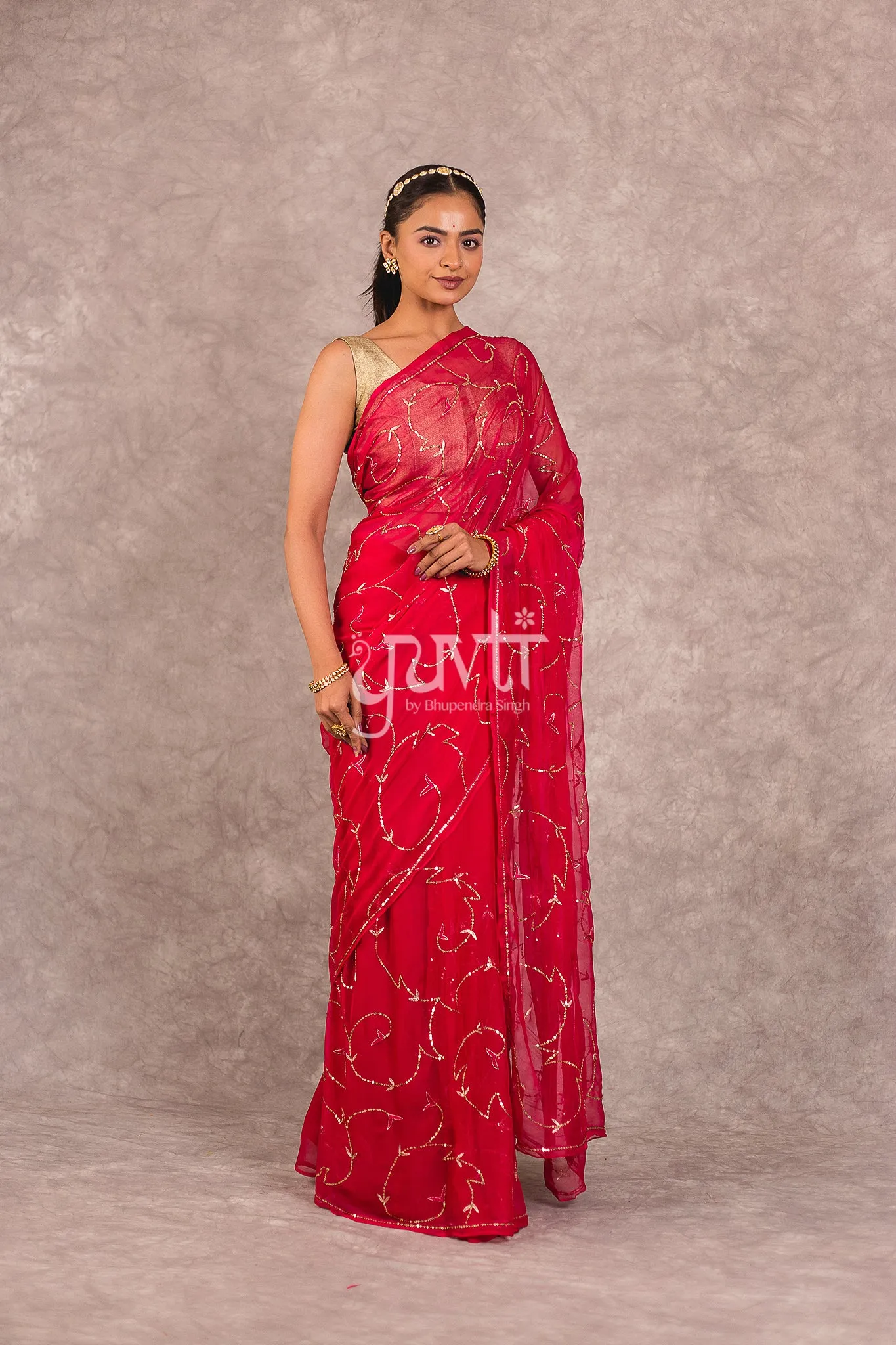 Dark pink Viscose Chiffon Aari sequins work Saree