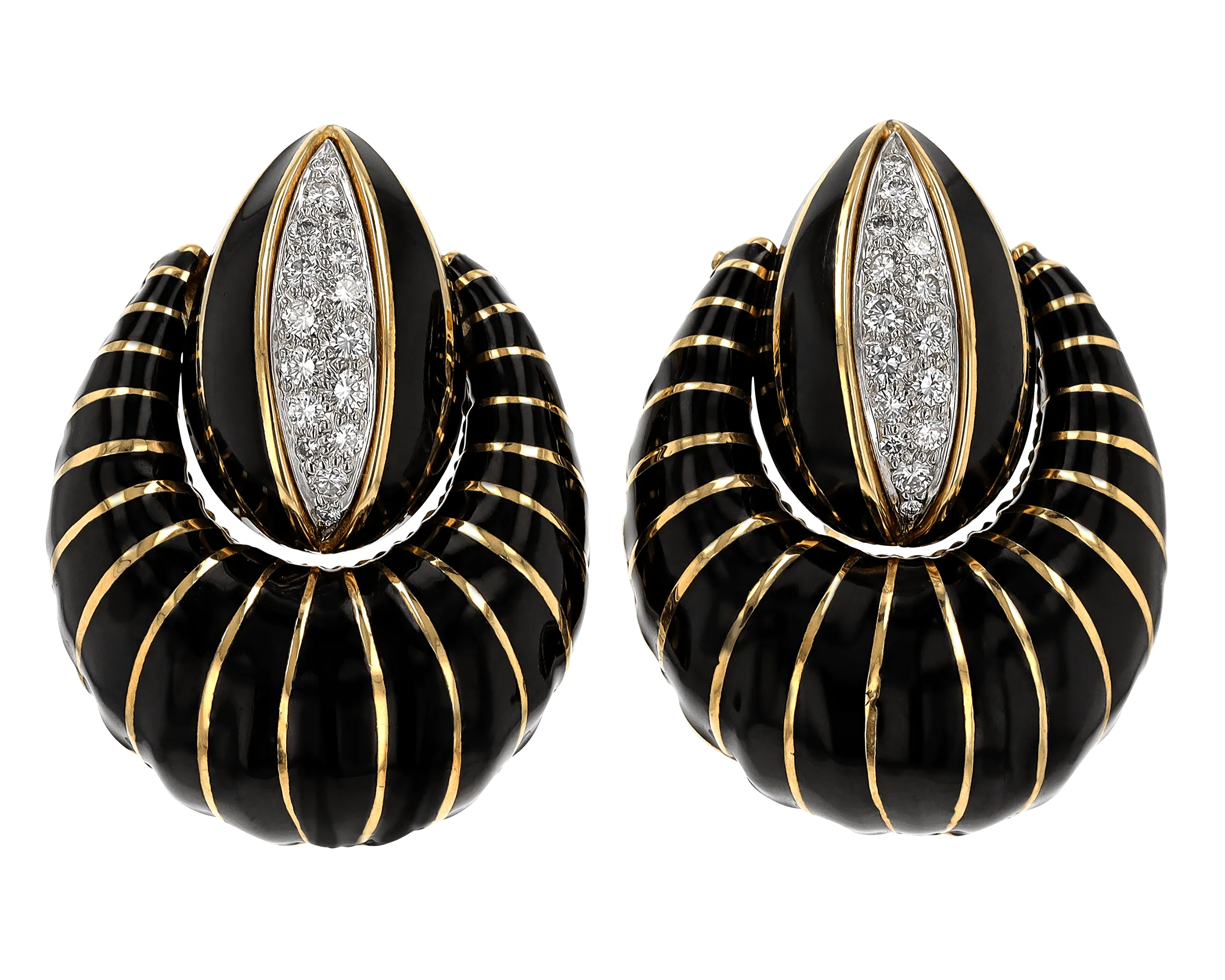 David Webb Black Enamel, Gold and Diamond Earrings